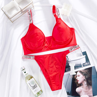 Deep V Letter Rhinestones Half cup Bra Lingerie Set
