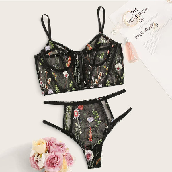 Sexy Lingerie Women Underwear Set Mesh See-through Floral Embroidery Bra Set